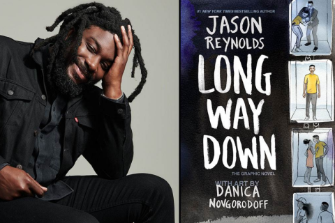 Book cover Long Way Down, photo of author Jason Reynolds