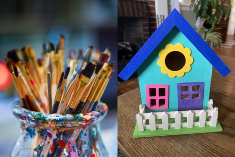 Image of paintbrushes and example birdhouse