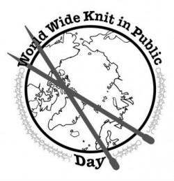 World Wide Knit in Public Day Logo - globe with knitting needles