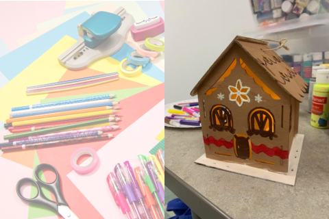 Craft supplies and wooden gingerbread house