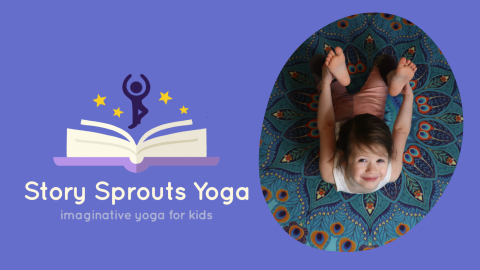 illustration of a yoga pose over an open book and picture of child doing a yoga pose