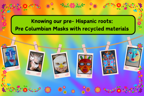 Photos of pre-Columbian masks on a multi-colored background