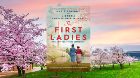 book cover over background of Washington Monument and cherry blossoms