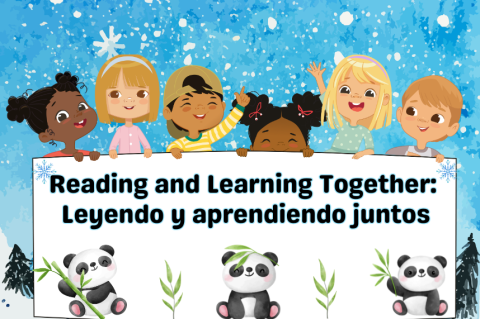 Multicultural children holding a sign in Spanish that translates to Let's read and learn with penguins and snowflakes on the sign