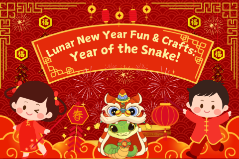 Red background, Asian boy and girl, green snake wearing dragon costume