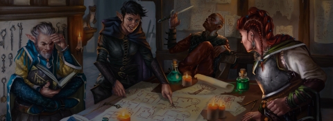 Adventurers plotting at a table