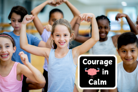 boys and girls flexing biceps with sign "Courage in Calm" in black and white 