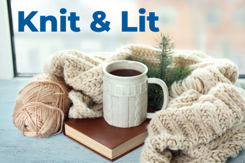 Knit & Lit logo, coffee & books & yarn projects