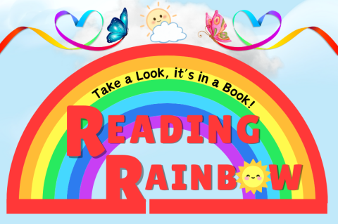 Reading Rainbow in red letters against a rainbow in the sky with a blue and pink butterfly