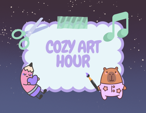 Title: Cozy Art Hour. Images of a capybara holding a paintbrush, a pencil sleeping, a pair of scissors, and a music note.