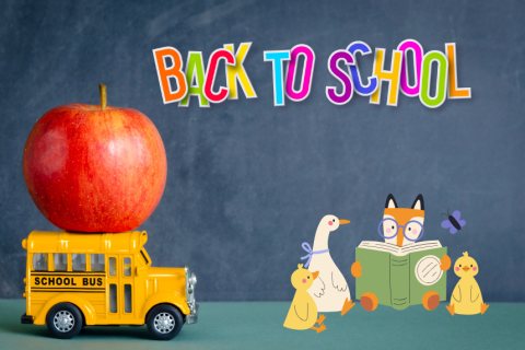 Red apple on top of yellow school bus, Back to School, animals having a story time