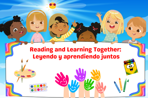 Six multicultural children holding a sign for a bilingual storytime with crayons, paint brushes and painted handprints