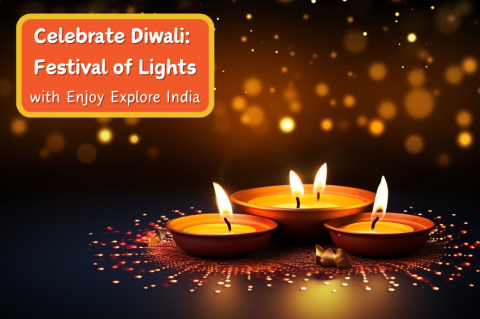 3 diya lamps lit against a dark background with words "Celebrate Diwali: Festival of Lights with Enjoy Explore India"