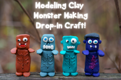 four little clay monsters in orange, blue, green and purple in the woods