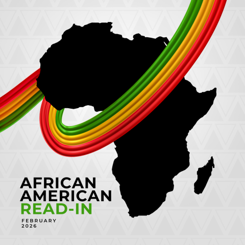 Continent of Africa in Black on Gray background with red, green, and orange banner across. Text: African American Read-In February 2026