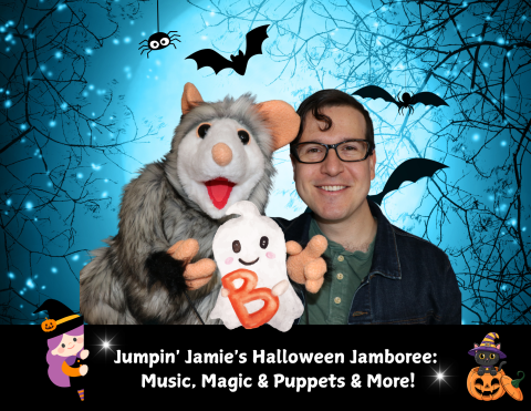 Jumpin' Jamie and an animal puppet against a dark blue background