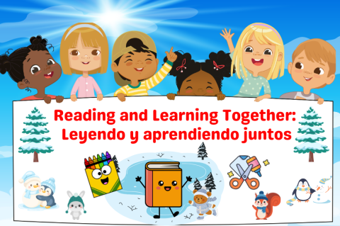 Six multicultural children holding a sign for a winter time bilingual storytime