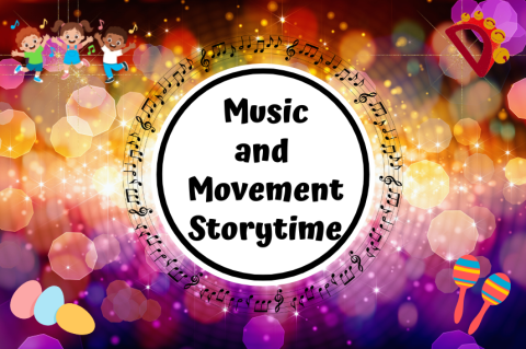 Colored bokah background in pink, purple and yellow circles with 2 black cats and pumpkins and "Music and Movement Storytime" text in a white circle in the center of the screen.