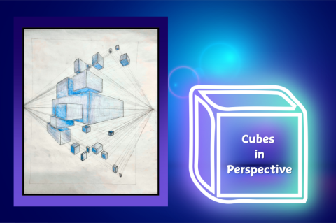 "cubes in perspective" drawing against blue glowing background