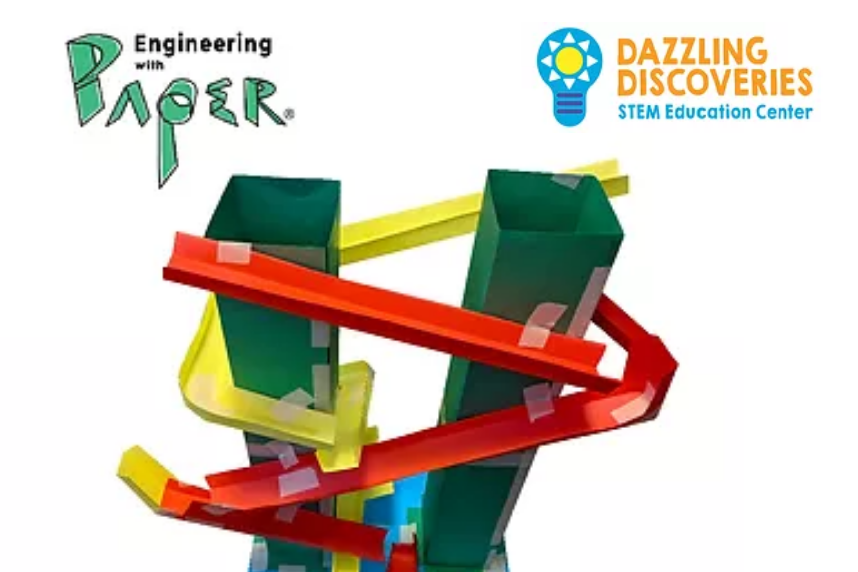 Engineering with paper, Dazzling Discoveries logos, photo of paper building example