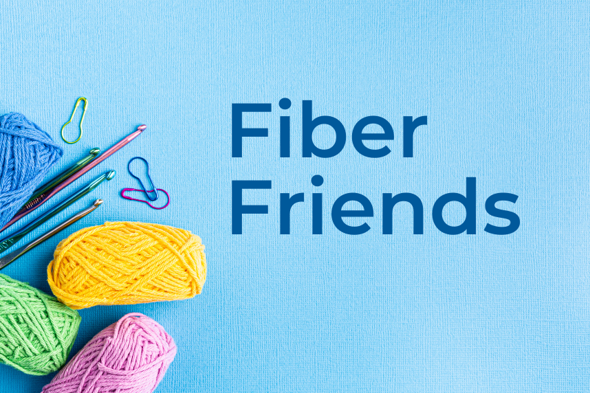 Fiber Friends event logo with yarn and needles