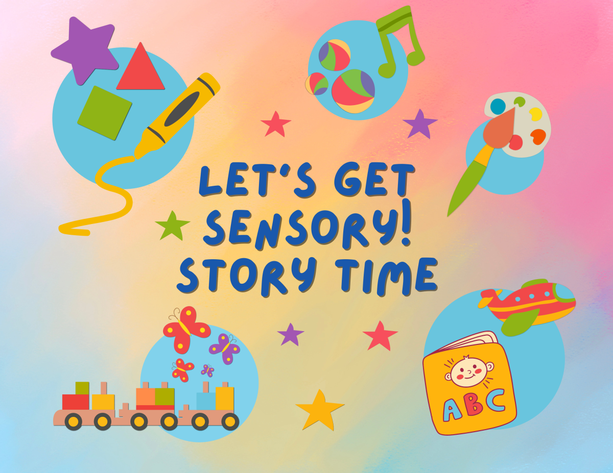 Images of crayons, books, music notes surrounding the words "Let's Get Sensory! Story Time" 