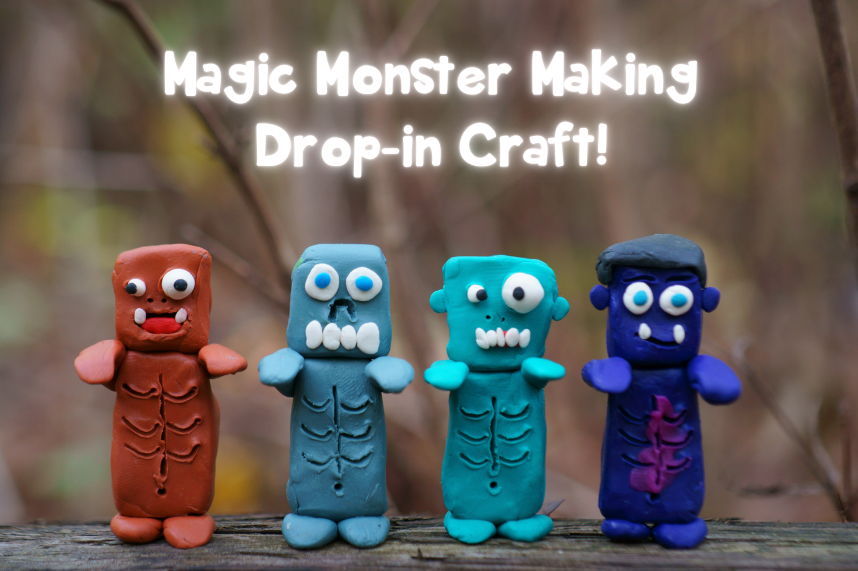 four little clay monsters in orange, blue, green and purple in the woods