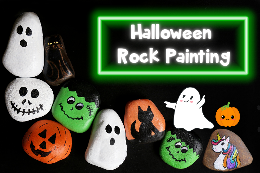 Halloween painted rocks on a black background