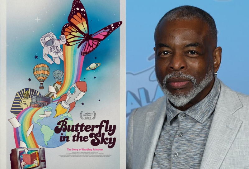 Butterfly in the Sky words & logo: butterfly trailed by rainbow; Headshot of Levar Burton