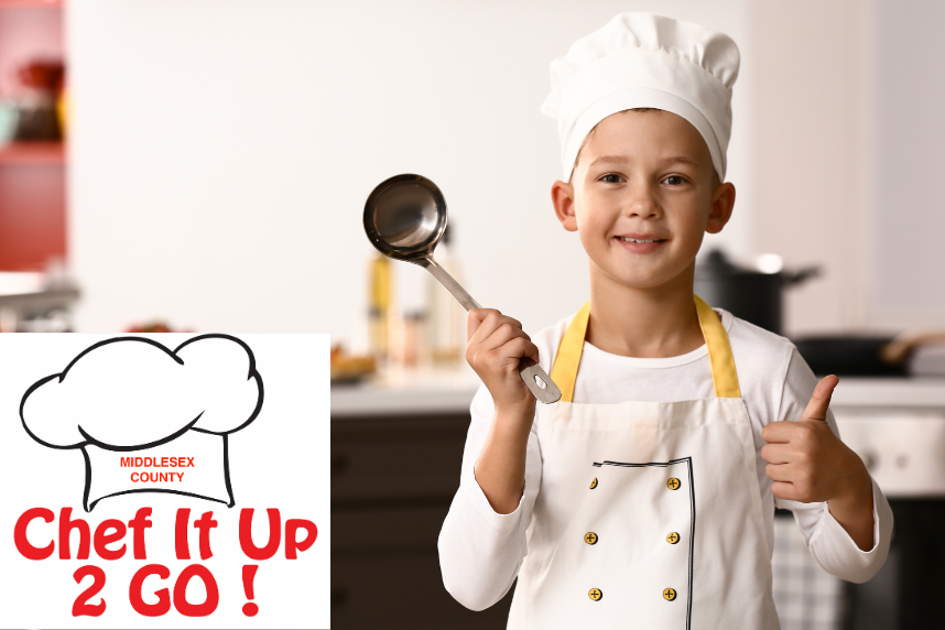 child in chef hat with Chef it Up 2 Go logo