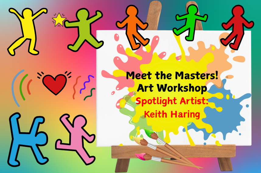 Colorful background with 5 dancing figures and a sign that says "Meet the Masters Art Workshop"